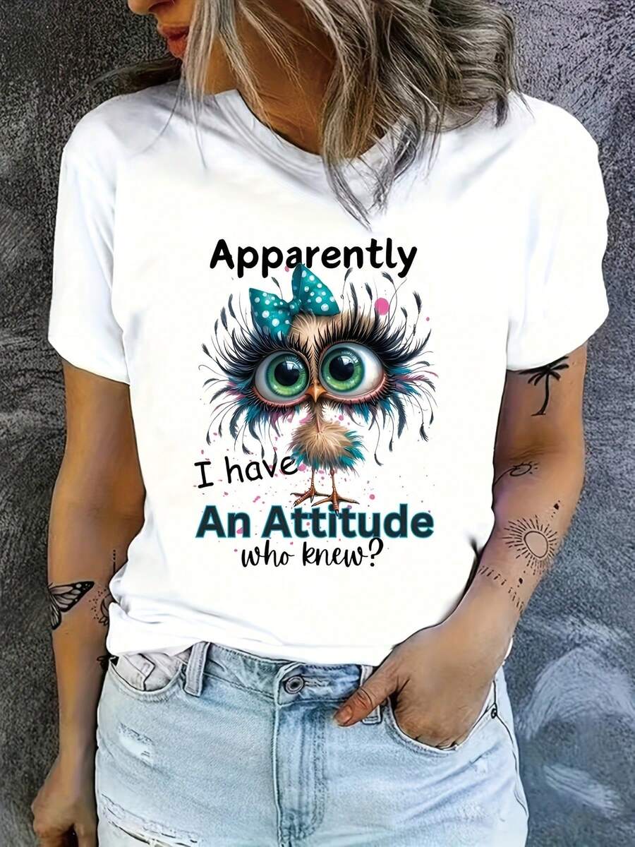 Women's Casual Patterned T-Shirt - "Obviously I Have Attitude" Playful Rooster Design Paired With Blue-Green Bows And Splatter Art, Soft Stretchy Round Neck, Machine Washable All-Season Top, Humorous Apparel, Medium Elasticity - Skin-Friendly - 白色 - 查看 1
