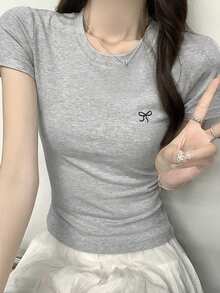 女士时尚修身蝴蝶刺绣短袖T恤 - 灰色 - 查看 6