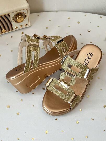 Chunky Platform Slippers For Kids | Comfortable Wedge Sandals With Decorative Metal Buckles, Girls' Fashion Shoes