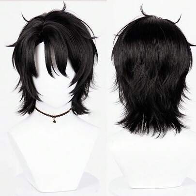 Synthetic Short Straight Wigs With Bangs Anime Game Cosplay Fluffy Heat Resistant Wigs For Daily Party