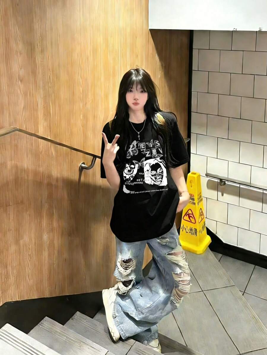 Street Fashion Retro American Portrait & Letter Print Short Sleeve T-Shirt For Women, Casual Summer, Black - Black - View 1