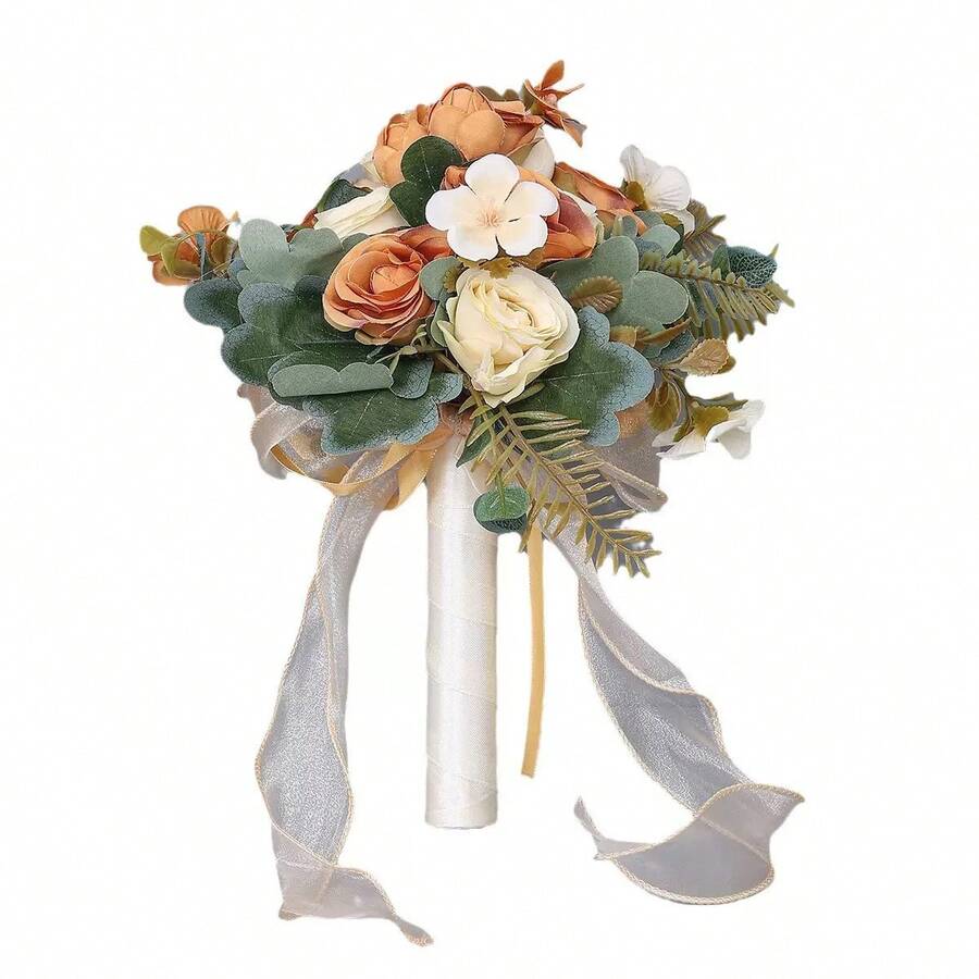 1pc Artificial Golden Rose Bouquet, Bridal Bridesmaid Wedding Party Decor Gift - Burnt Orange - View 1