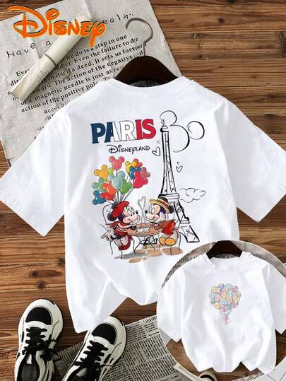  Authorized By Disney, Ladies' 100% Cotton Short-Sleeved Explosion T-Shirt Ladies' Casual T-Shirt Paris Disneyland Mickey Eiffel Tower Balloon Printing Pattern And Text Ladies' Running Fashion T-Shirt In Spring And Summer 100% Cotton Short-Sleeved T-Shirt Ladies' Casual T-Shirt.