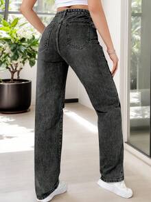 Jeans Mujer Negro Holgado con Roturas - Corte Rectos y Estilo Urbano a la Moda| Pantalón Casual Desgastado, Vaqueros casuales para mujer con agujeros - Negro - Ver 3