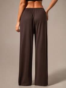 NcmRyu 1pc Women Solid Color Drawstring Elastic Waist Wide Leg Relaxed Fit Pockets Sports Pants - Coffee Brown - View 2