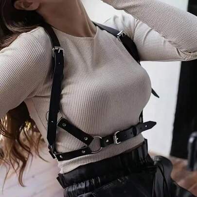Black Fashionable Sexy One-Piece Leather Strap Waist Belt, Binding Shirt Suspender Leather Body Chain Waist Belt, Accessory Inverted Triangle Gothic Leather Suspender, Adjustable Chest Strap