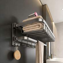 可折叠毛巾架，无需钻孔即可壁挂安装，带挂钩，节省空间的浴室收纳架 - 彩色 - 查看 2