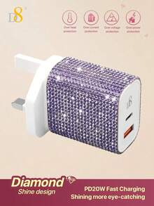 1个水晶装饰USB-C墙充，20W Type-C+QC3.0双口电源适配器，USB-C数据线手机充电器，兼容 16/15/15 Plus/15 Pro/15 Pro Max、Pro 12.9英寸（第五代/第四代/第三代）、Galaxy S23 Ultra/S23/S23+/S22/S21/S20 Ultra/S22+/S21+/Ultra/S20/S20+，适合旅行、办公、宿舍和家庭使用，多端口设计 - 英規插(220-240V) - 查看 14
