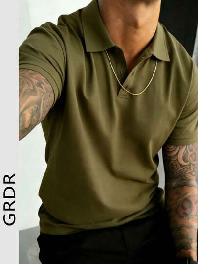 GRDR 1 pieza Camisa polo de negocios de manga corta minimalista de unicolor para hombres - Adecuada para el lugar de trabajo