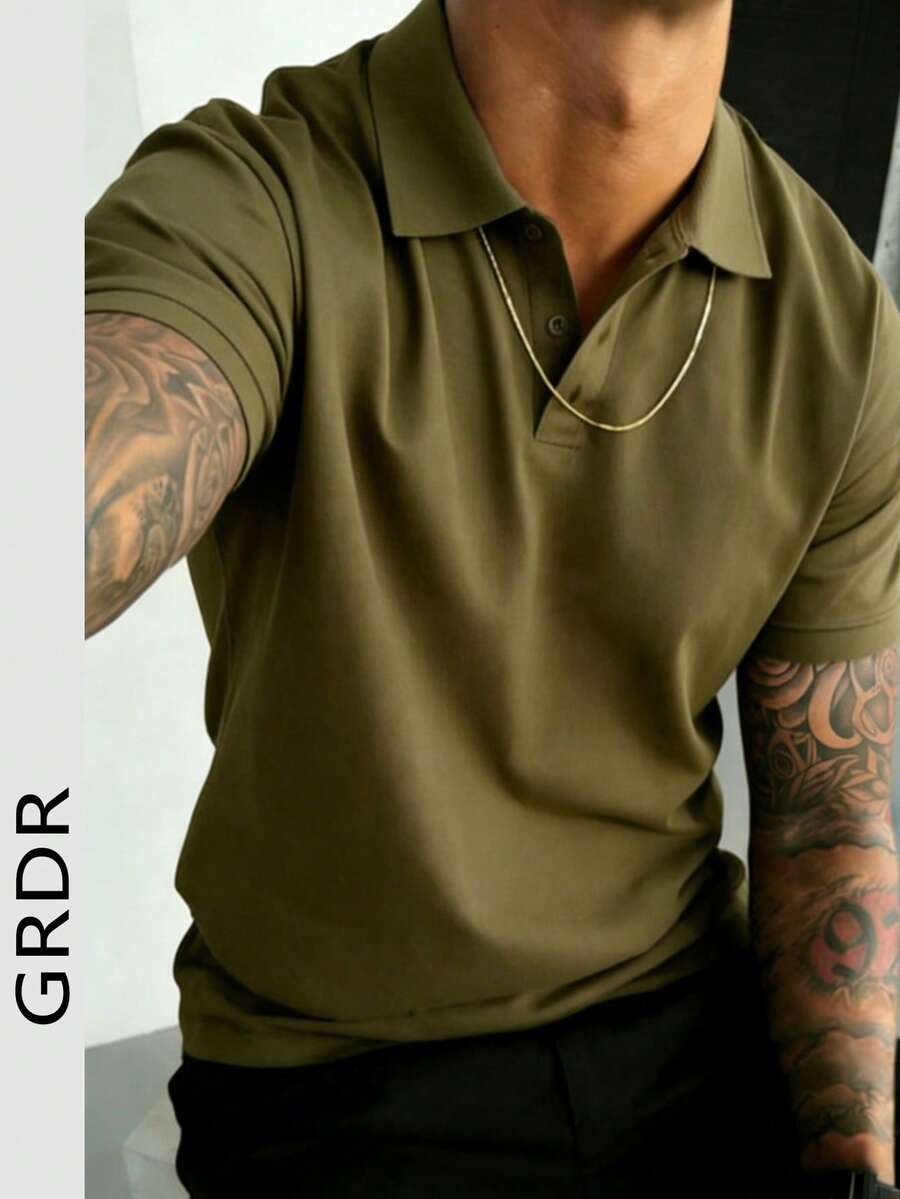 GRDR 1 chiếc áo polo nam tay ngắn màu trơn tối giản - Thích hợp cho môi trường công sở