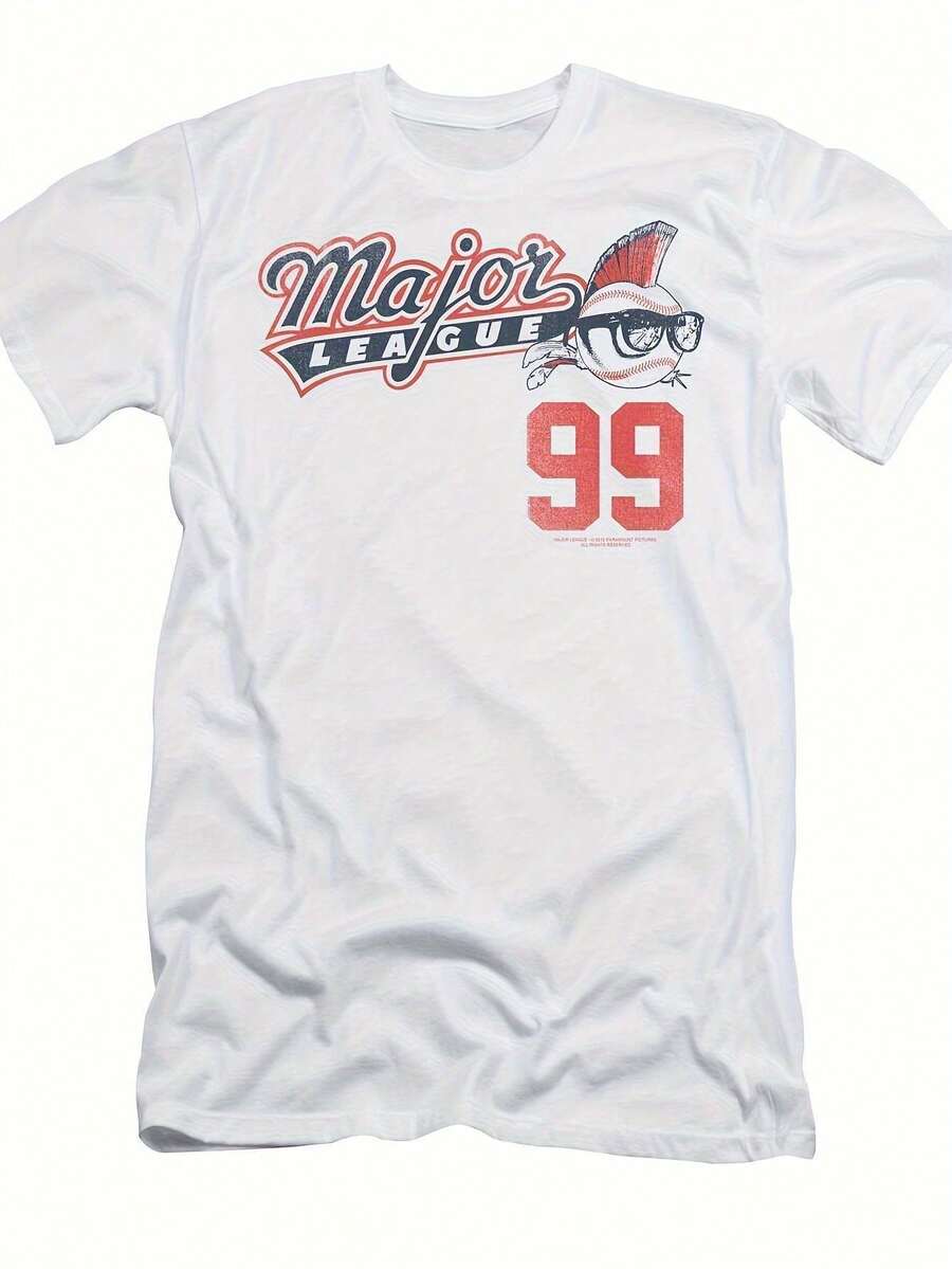 180g Vintage Baseball Pattern T-Shirt - 180g Heavyweight Crew Neck Short-Sleeve Shirt, MAJOR LEAGUE 99 Print, Loose Casual Fit, Machine Washable - 白色 - 查看 1