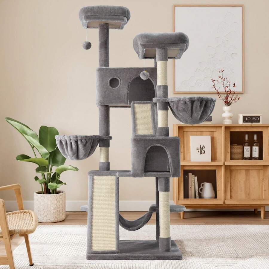 Allewie 65in Multi-Level Tall Cat Tree For Indoor Kitties, Larger Tower With Wide Base, Cozy Plush Pussycat Perches, Cat Condo With Hammock, Sisal Scratching Posts, Grey - 灰色 - 查看 1