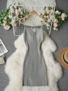 春夏新款性感针织吊带连衣裙，交叉前腰收腰修身迷你连衣裙 - 花灰色 - 查看 4