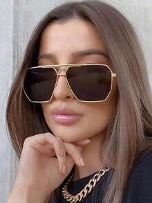 1pc Y2K Futuristic Square Double Bridge Personalized Fashion Glasses, Versatile Back To School Fashion - 棕色 - 查看 2
