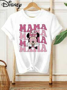 Authentic Disney Minnie Mouse's Pattern, She Wears A Pink Polka-Dot Bow And Heart-Shaped Glasses Surrounded By Multiple Layers Of MAMA Words, Disney Clothes, New Short-Sleeved T-Shirts In Summer, Ladies' Casual Fashion, Printed T-Shirts And Elegant Women's Dresses. - 白色 - 查看 1