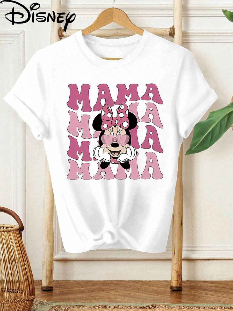 Authentic Disney Minnie Mouse's Pattern, She Wears A Pink Polka-Dot Bow And Heart-Shaped Glasses Surrounded By Multiple Layers Of MAMA Words, Disney Clothes, New Short-Sleeved T-Shirts In Summer, Ladies' Casual Fashion, Printed T-Shirts And Elegant Women's Dresses. - 白色 - 查看 1