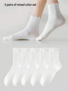 5 Pairs Women's White Cute Ruffle Trim Mid-Calf Socks, Suitable For Daily Wear, Autumn - Multicolor - View 11