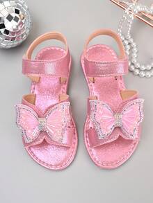 2026新款女童亮片蝴蝶凉鞋，夏季公主风粉色水钻露趾魔术贴鞋 - 粉色 - 查看 2