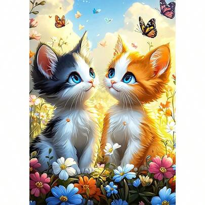 1pc DIY Cute Cat & Butterfly Floral 5D Diamond Painting Kit, [30*40cm/11.8*15.7in] [40*50cm/15.7/19.7in], Suitable For Adult Beginners DIY Mosaic Diamond Art, Full Drill Handmade Hobby, Wall Decor For Living Room, Bedroom, Office, Surprise Gift For Family & Friends, Frameless