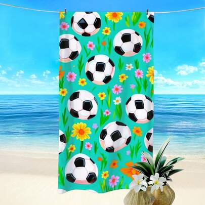 1pc Football & Floral Print Beach Towel, Super Soft Fiber Rectangular Quick-Dry Absorbent Beach Blanket, Suitable For Outdoor Travel Camping Beach, Spring/Summer/Autumn Holiday, Beach Essential