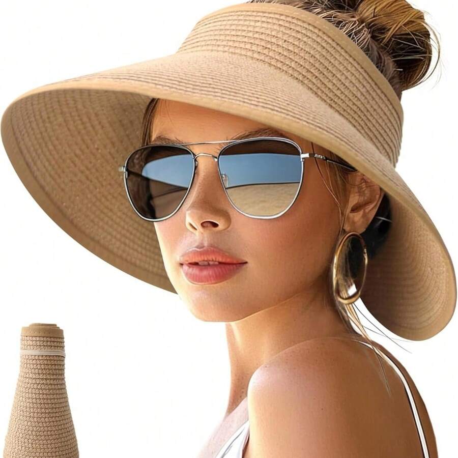 Women's Sun Hat Wide Brim Roll-Up Beach Ponytail Hat Foldable Travel Straw Sun Hat - 黑色 - 查看 1