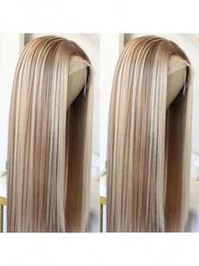 Peluca elegante de cabello liso y largo con flequillo, fibra resistente al calor, adecuada para todos los tonos de piel y razas, peluca sintética natural y de moda, perfecta para uso diario y fiestas. Peluca sintética de cabello largo con flequillo destacado para mujer, color marrón y rubio mezclado. Peluca de fibra sintética suave, natural y hermosa de alta calidad para mujer - Multicolor - Ver 3