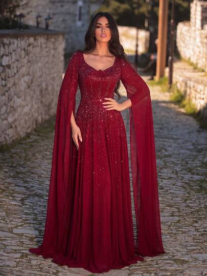 Faeriesty Luxury Beaded Long Formal Dress - V-Neck Fitted Bodice, Shoulder To Wrist Adorned With Rhinestones, Draped Shawl Collar, A-Line Skirt With Elegant Train - Ideal For Formal Galas, Red Carpet Events, Weddings And Upscale Soirees.