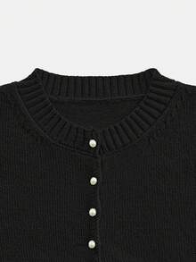 Round Neck Solid Color Faux Pearl Button Short Sleeve Casual Versatile Knit Cardigan, Loose Fit, Suitable For Everyday Wear Black Spring - Black - View 9