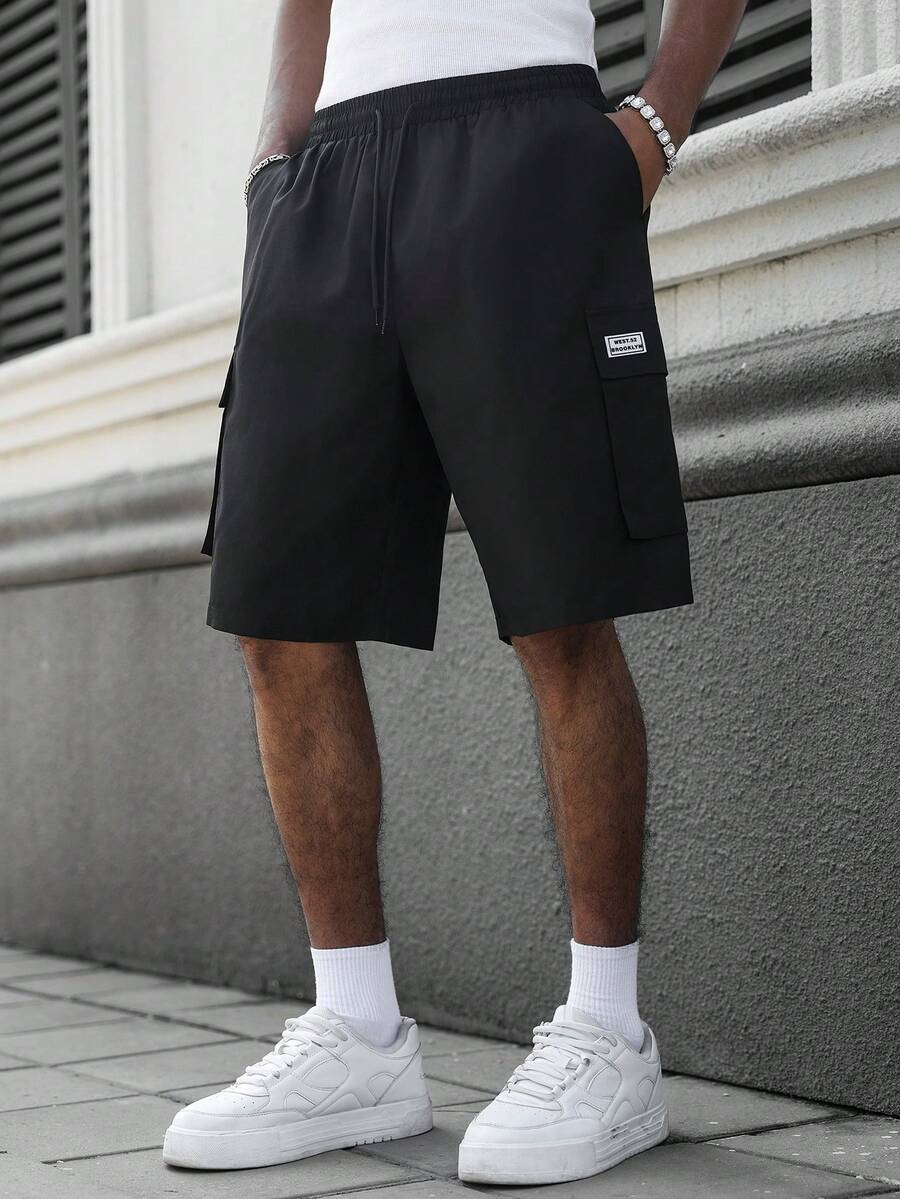 Quần short nam mùa hè, kiểu dáng thường ngày, cạp chun, túi nắp gập, thích hợp đi làm. - màu đen - Xem 1