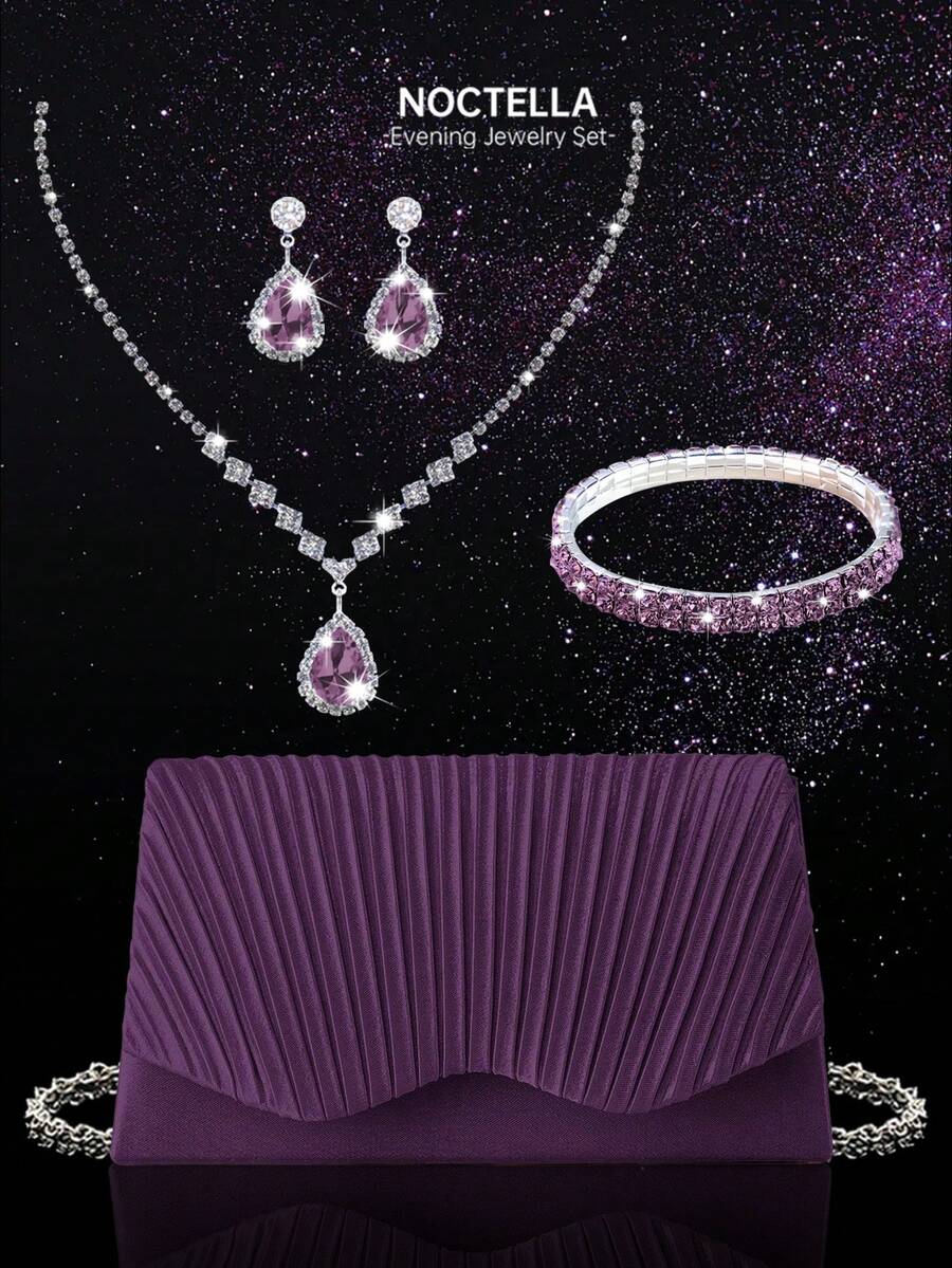 Noctella Elegant Ruched Solid Colour Evening Clutch, Stylish Women's Party Envelope Purse, Paired With A Luxurious Sparkling Rhinestone Jewellery Set Of Three Pieces, Including A Sparkling Rhinestone Necklace, Earrings, And Bracelet, Suitable For Dinners, Parties, And Balls - Purple - View 1