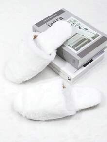 女士时尚毛绒家居拖鞋，室内静音拖鞋，保暖女士拖鞋，轻便卧室拖鞋 - 白色 - 查看 4