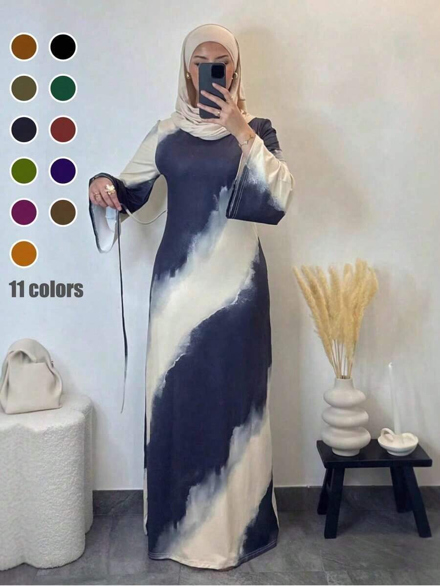 Elegant Arabic Style Mid-Length Dress, Women's Long Sleeve Round Neck Knit Fabric, Black & White Abstract Print - 藏蓝色 - 查看 1
