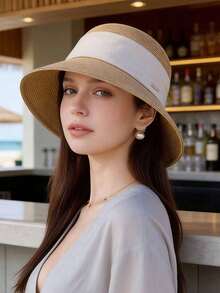 1顶女士波点缎带拼接宽檐编织草帽，法式优雅高端圆顶渔夫帽，适合春夏户外休闲，日常佩戴百搭。 - A - 查看 10