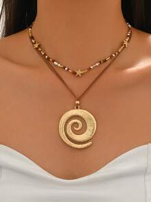 2pcs/Set Handmade Alloy Starfish & Mixed Bead Choker Necklace, Bohemian Style Fashion Conch Pendant Braided Rope Necklace, Suitable For Daily Wear, Travel, Party - Multicolor - View 1