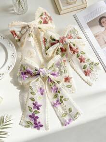 3个女士花卉刺绣蕾丝蝴蝶结发夹，简约时尚优雅休闲可爱百搭日常通勤发饰，精致刺绣，不伤发质 - 彩色 - 查看 6