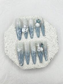 10片夏季蓝色海洋美人鱼椭圆形手工按压式美甲贴片，珍珠海星美甲，闪亮猫眼假指甲，适合海滩佩戴，（1张果冻贴纸+1个指甲锉） - 淺藍色 - 查看 3