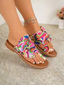 Rainbow Bow Tie Women's Flat Sandals, Comfortable Massage Sole Colorful Beach Slippers,Flip Flops,Summer Outfits - Pink - View 7