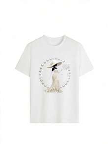 女士夏季珍珠印花休闲宽松舒适时尚纯棉圆领短袖T恤 - 白色 - 查看 2