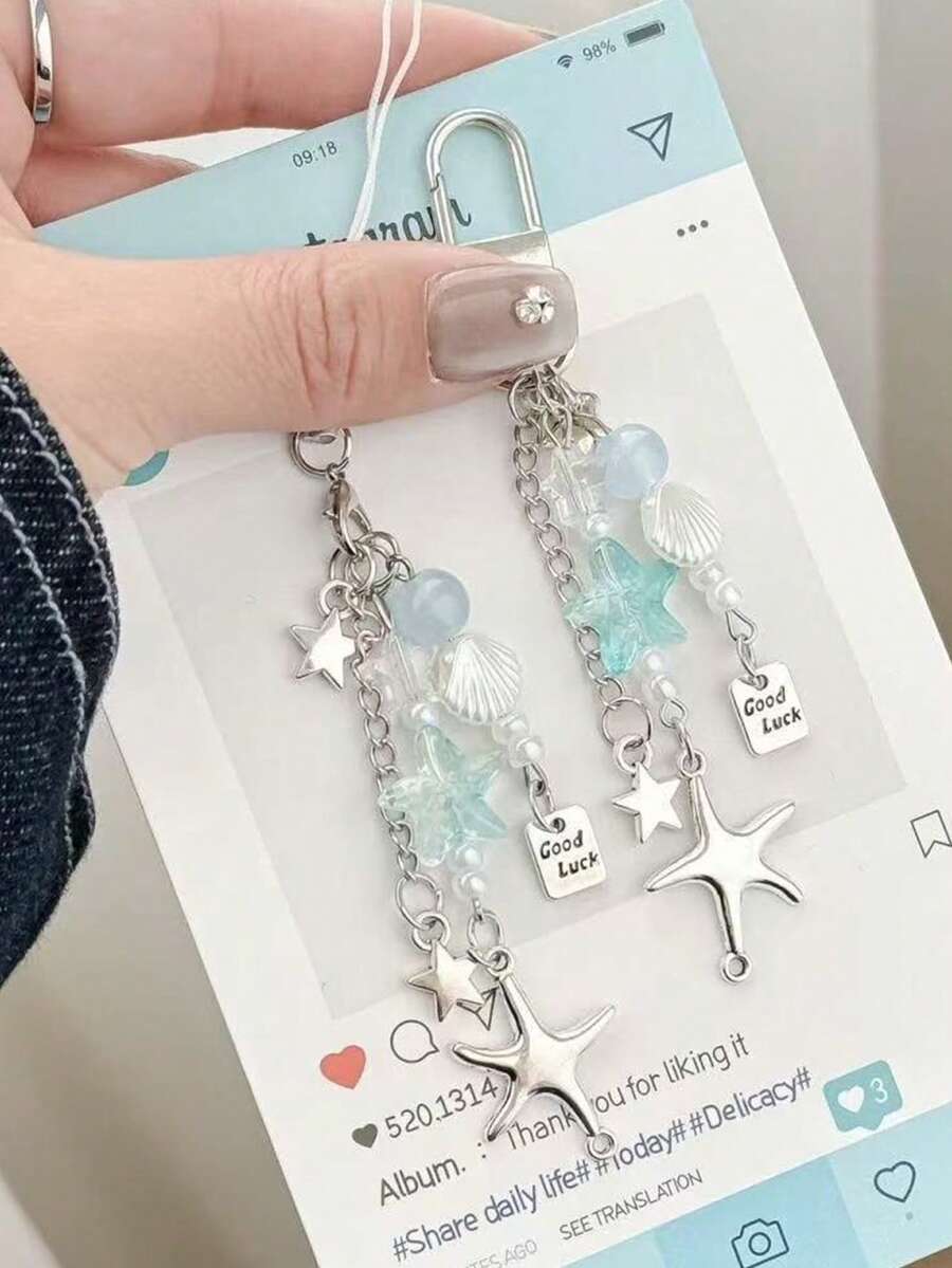 蓝色海洋元素 1 件装 蓝色海星时尚ins风手机挂绳钥匙扣，海星仿珍珠度假旅行风海洋钥匙扣生日礼物派对 - 彩色 - 查看 1