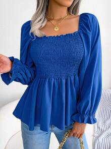 Long-Sleeved Chiffon Blouse With Ruffles And Square Neckline | Casual Style, New Spring/Summer Collection - 藍色 - 查看 11