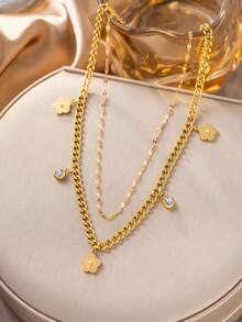 1 Set de Joyería de Acero Inoxidable con Colgante Floral, Pulsera y Aretes, Minimalista Elegante Clásica de Moda Casual, Adecuada para el Día de San Valentín, Eid, Días Festivos, Uso Diario, Fiesta, Regalo (Bolsa OPP y Caja Solo para Fotografía) - Amarillo Oro - Ver 2