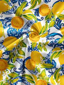 女士花卉、植物、柠檬印花波西米亚风抽绳腰半身裙，夏季套装 - 黃色 - 查看 6