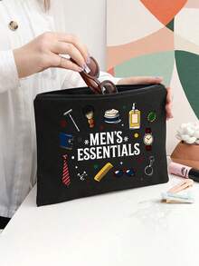 "Men's Essentials" Lined Storage Bag, Vintage Hand-Drawn Men's Items Double-Sided Print Makeup Bag, Travel Toiletry Bag With Lining, Multi-Functional Organizer, Diy Categorized Storage, Business Gift, Ideal For Toiletries, Cosmetics, Razors,Suitable For Everyday Use, A Vacation Essential, And A Birthday Gift For Dad, Grandpa, Or Any Man. A Casual Makeup Bag With A Playful Design And Durable Zip Closure - View 5