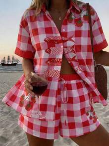 Spring/Summer Women 2-Piece Set, Red & White Plaid Tomato & Fish Print Short Sleeve Shirt And Drawstring Shorts, Italian Casual Holiday Beach Outfit - Multicolor - View 3
