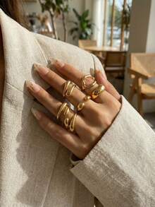 6pcs Minimalist Lava Metal Gold Ring Set, Creative Asymmetrical Liquid Rings, Suitable For Women's Daily Commute Accessories, Dating, Shopping, Party, Best Valentine's Day Gift For Women - Gold - View 2