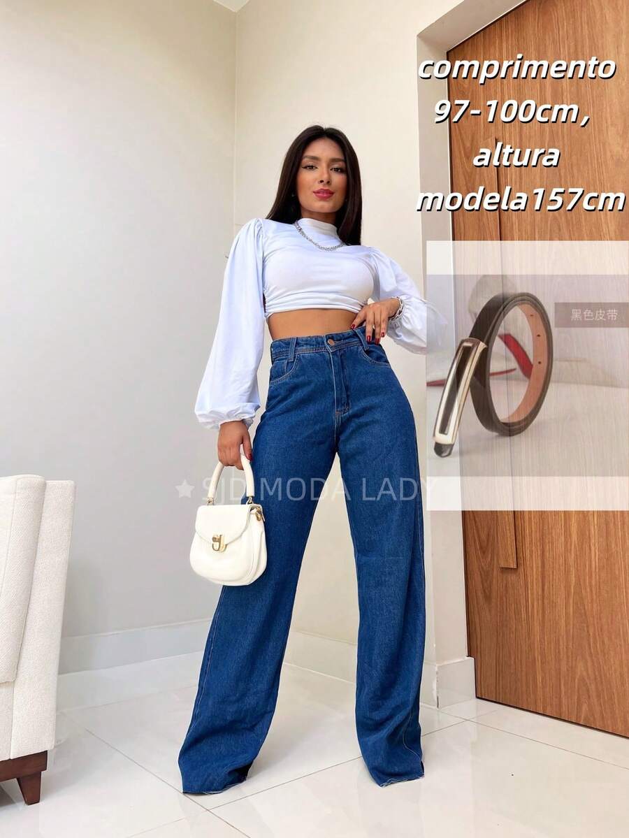 SJD MODA LADY Wide Leg Jeans For Teenagers, Women's Palazzo Jeans, Flare Jeans, Mom Jeans Without Elastane, Ripped Hem, Straight Leg, Casual, Simple, Sexy, Skinny, With Button, Zipper, Pocket, Top Jeans In Fashion, Romantic, Retro, Casual, Chic, College, Minimalist, Versatile, Korean, Y2K, Teen, Youth - 深色水洗藍有腰帶 - 查看 1