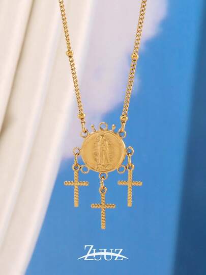 1pc Fashion Stainless Steel Virgin Mary Cross Pendant Necklace For Women Religion Charm Necklace Jewelry Party Gifts , Suitable Daily Wear