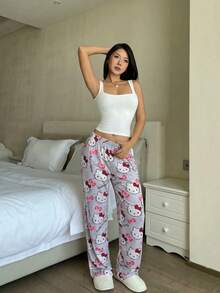 SANRIO 1pc Soft & Cute Grey All-Over Print Straight Leg Pants, Cartoon Sleepwear For Women - Light Grey - View 3