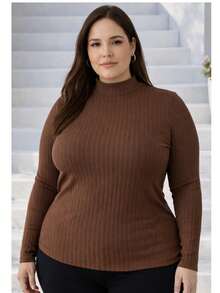 Women's Plus Size Long Sleeve Blouse With Medium High Ribbed Neck, Premium Comfortable Viscose - Óxido marrón - Ver 6