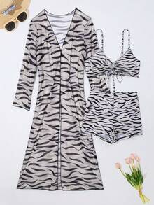 女士休闲高弹力斑马纹抽绳吊带背心套装，包含短裤和长款网纱罩衫 - 杏色 - 查看 6